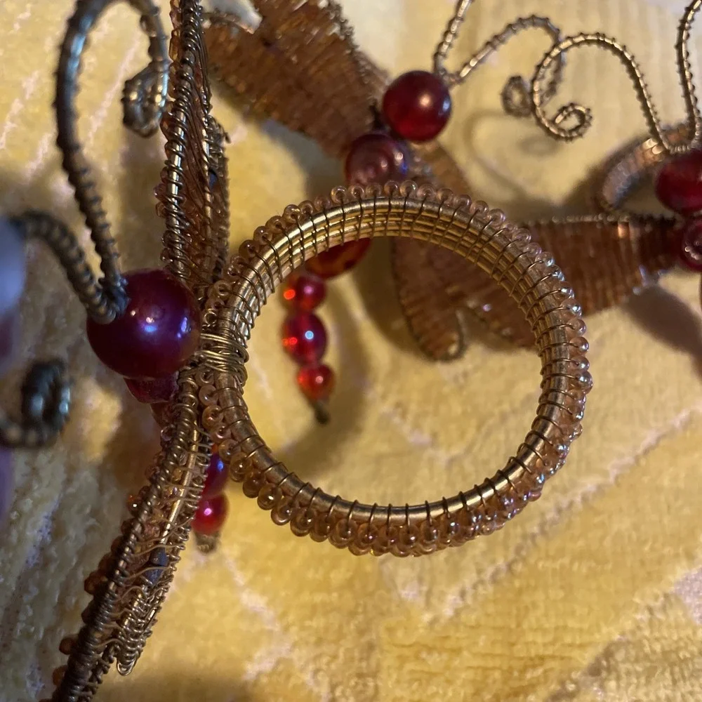 3 Pier One Beaded Dragonfly Napkin Rings ‎ Gold Wire Wings & Red Glass Beads